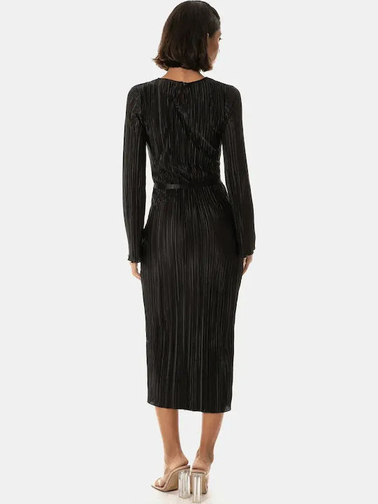 Rochie Plisată Midi Mânecă Lungă Cu Centură Neagră Mărimea L