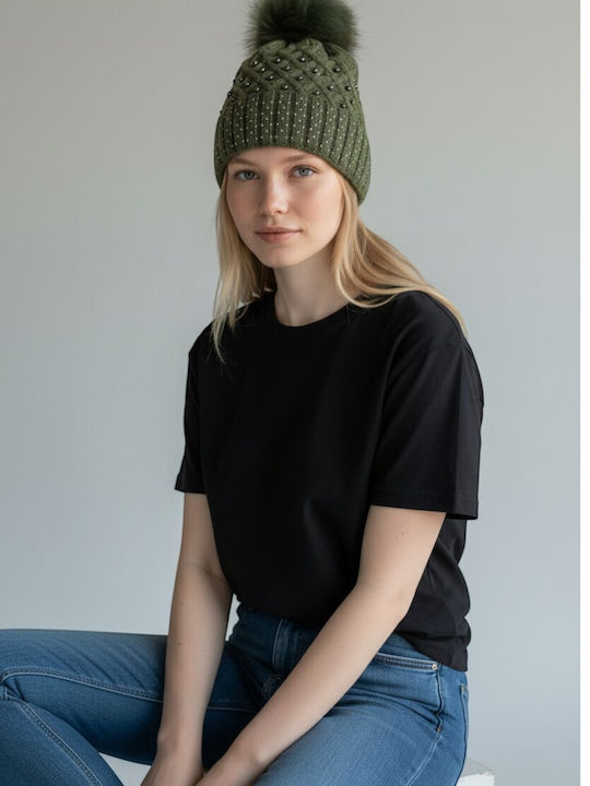 Pom Pom Beanie Beanie Knitted in Khaki color