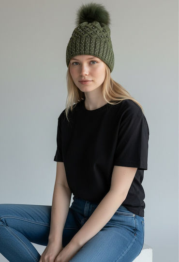 Pom Pom Beanie Γυναικείος Σκούφος Πλεκτός σε Χακί χρώμα