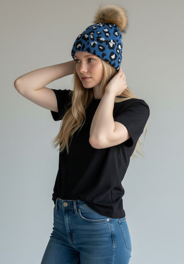Pom Pom Beanie Γυναικείος Σκούφος Πλεκτός σε Μπλε χρώμα