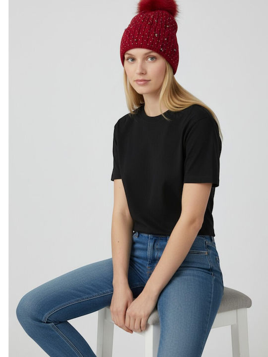 Pom Pom Beanie Beanie Knitted in Red color