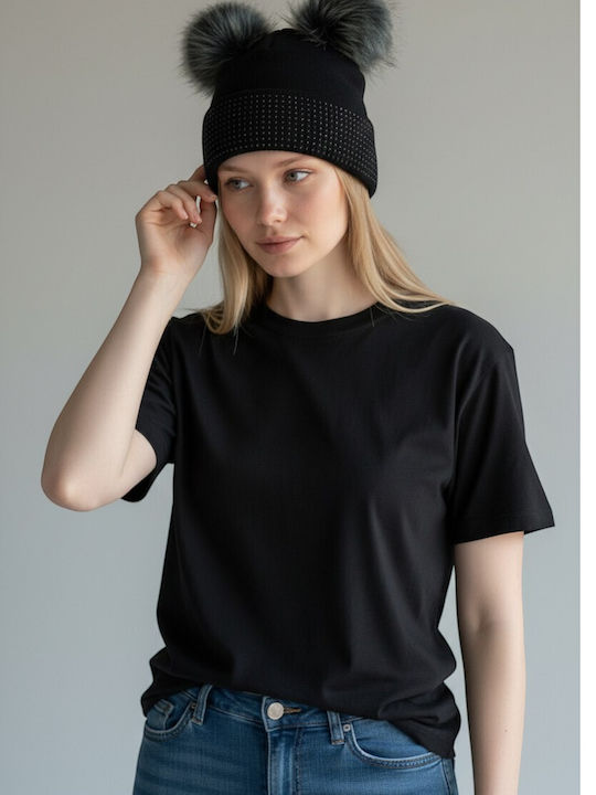 Pom Pom Beanie Γυναικείος Σκούφος Πλεκτός σε Μαύρο χρώμα