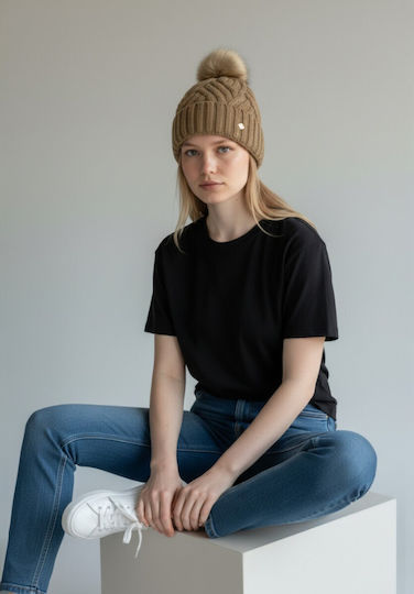 Pom Pom Beanie Frauen Beanie Gestrickt in Braun Farbe