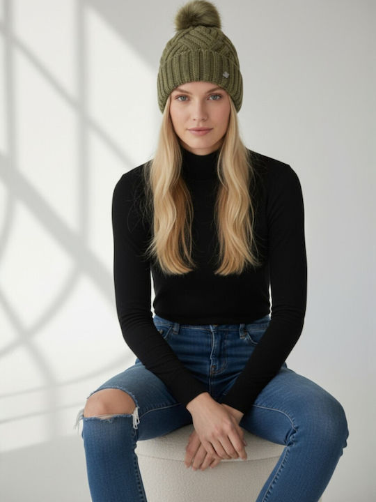 Pom Pom Beanie Γυναικείος Σκούφος Πλεκτός σε Χακί χρώμα