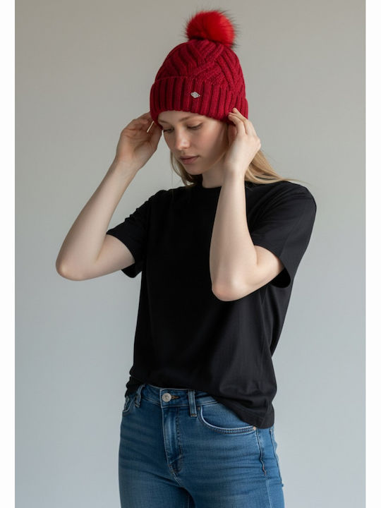 Pom Pom Beanie Γυναικείος Σκούφος Πλεκτός σε Κόκκινο χρώμα