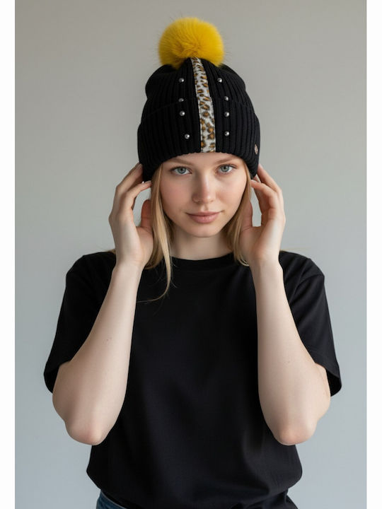 Pom Pom Beanie Γυναικείος Σκούφος Πλεκτός σε Μαύρο χρώμα