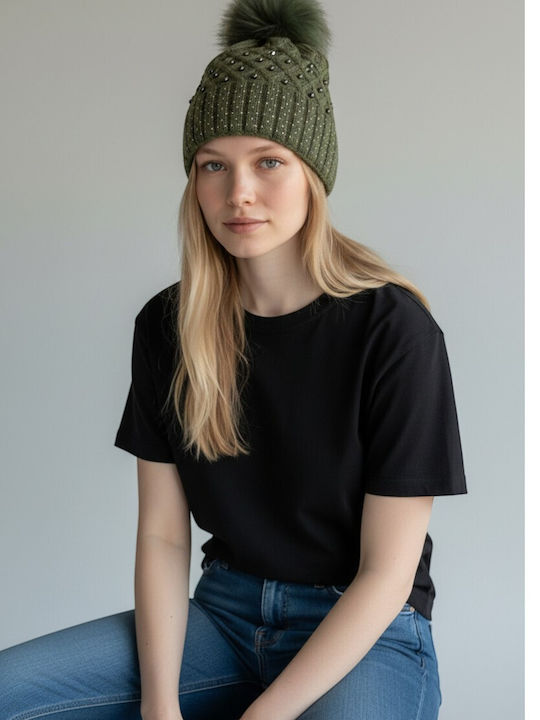 Pom Pom Beanie Beanie Knitted in Khaki color
