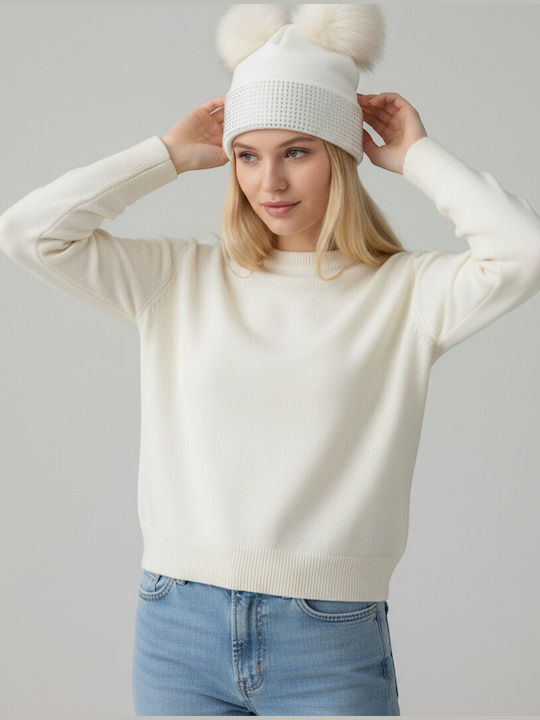 Pom Pom Beanie Beanie Knitted in Ecru color