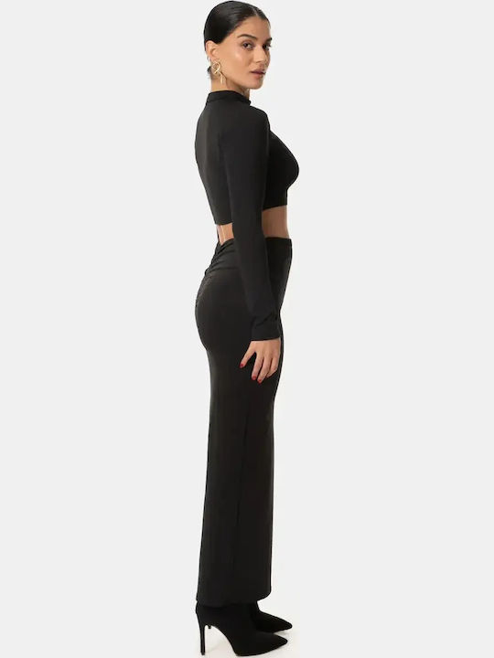 Set Fustă Maxi Top Crop Cu Mâneci Lung Negru Mărimea One Size