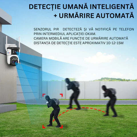 Cameră de Supraveghere 4G 9MP 3 Obiective Zoom 10x Rezistentă la Apă Acoperire Vizuală 360°