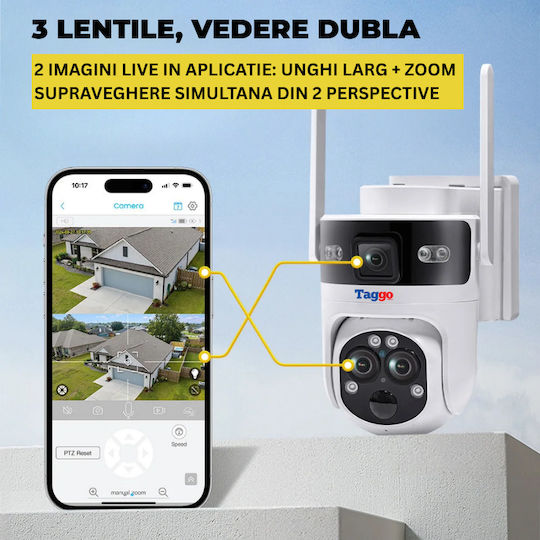 Cameră Supraveghere Taggo Conexiune 4G Rezoluție 6MP Zoom 15x Încărcare Solară Exterior 3 Lentile Vedere Nocturnă