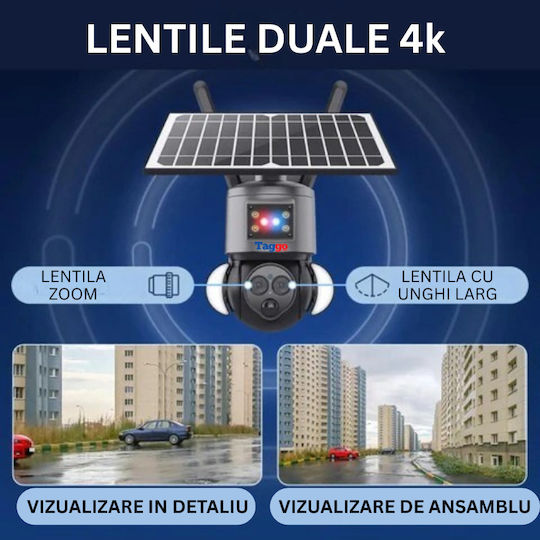 Cameră Supraveghere 4K HD Wi-Fi Cu Dublu Obiectiv Zoom 12x Încărcare Solară Rotire Controlată Prin Aplicație Rezistentă La Apă IP66