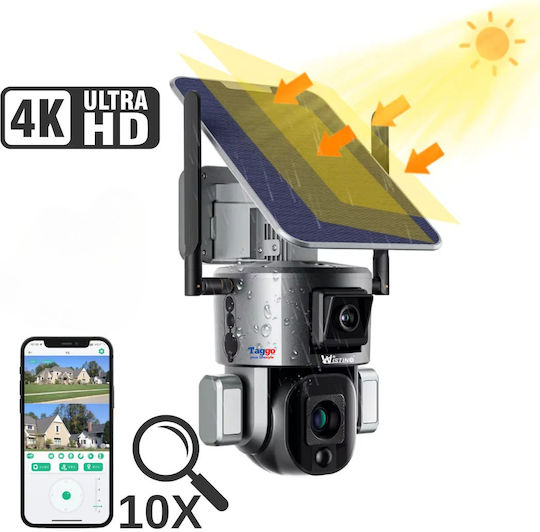Cameră de Supraveghere Wireless de Exterior 4K Ultra HD Cameră Dublă 4MP+4MP Zoom Optic 10x Încărcare Solară Rotire Controlată prin Aplicație IP66 Rezistentă la Apă