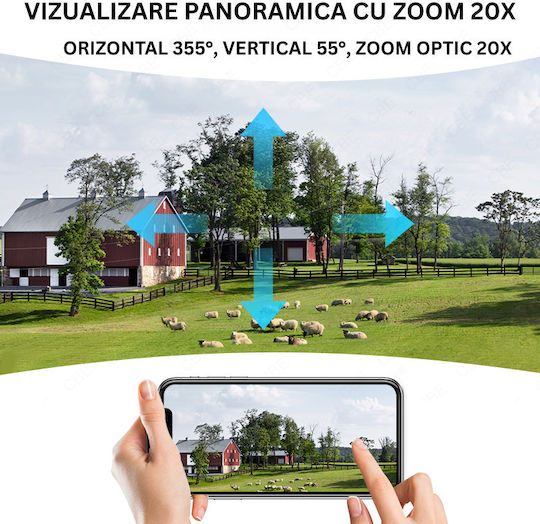 Wi-Fi Камера За Наблюдение Соларен Панел 8MP 20x Оптичен Зуум Метална Конструкция IP66 Защита Двупосочна Комуникация Моментални Известия При Засичане На Човек