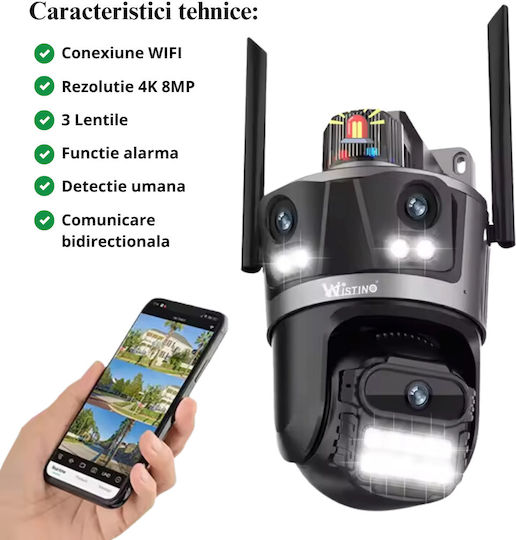 Cameră Supraveghere Wifi 4K 8MP 3 Lentile Control prin Aplicație Rezistentă la Apă Alarmă