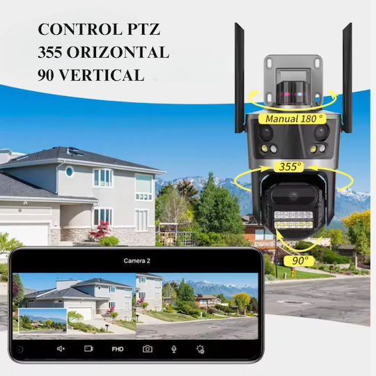 Cameră Supraveghere Wifi 4K 8MP 3 Lentile Control prin Aplicație Rezistentă la Apă Alarmă