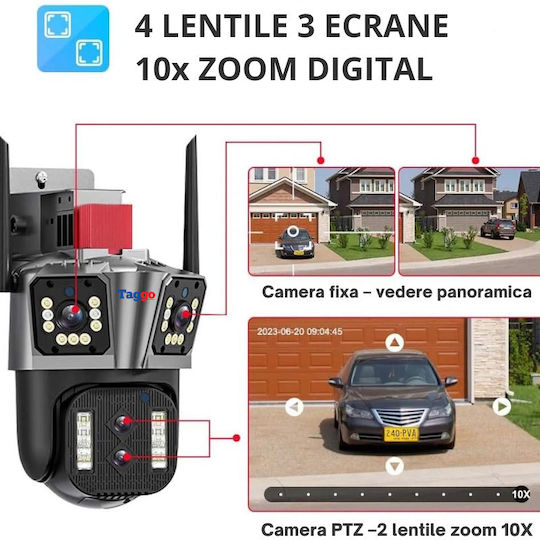 Cameră de Supraveghere Zoom 10x Wi-Fi 8k 16mp 4 Lentile Control prin Aplicație Comunicare Bidirecțională Urmărire Automată