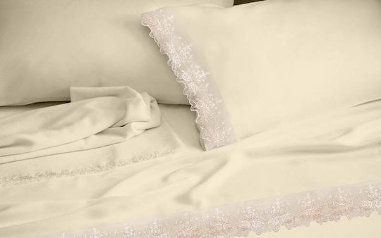 Makis Tselios Home Sheet Set with 1 Pillowcase Super-Double 240x260cm. Lace Ecru Graphite 4pcs