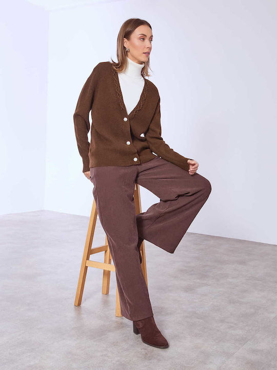 Celestino Women's Cardigan Pearls Buttons Loose Fit Dark Brown