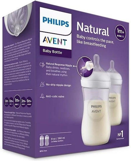 Philips Πλαστικό Μπιμπερό Natural Response Κατά των Κολικών με Θηλή Σιλικόνης για 1+ μηνών Διάφανο 260ml 2τμχ