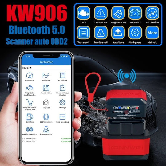 Konnwei Kw906 Auto Diagnosis Obd2 Bluetooth 5.0 On-off Button Compatible Android Ios Elm 327 Obdii Black