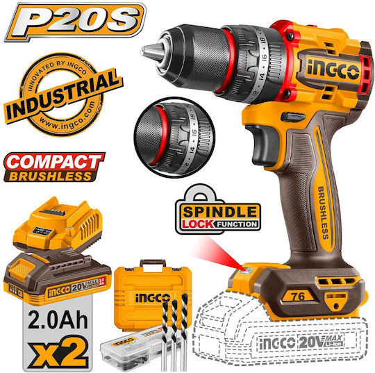 Ingco CIDLI20768E Brushless Cordless Impact Drill Driver 20V 2x2Ah