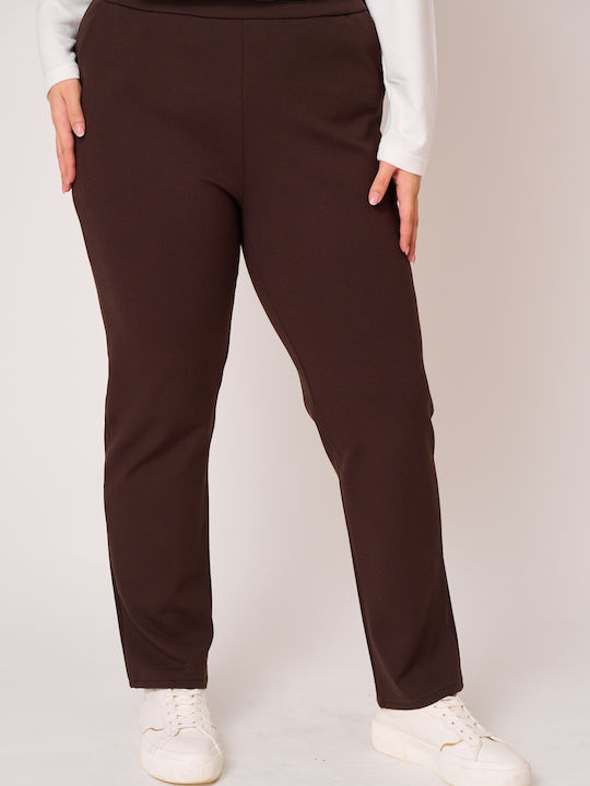 Women's Fabric Capri Trousers with Elastic Brown