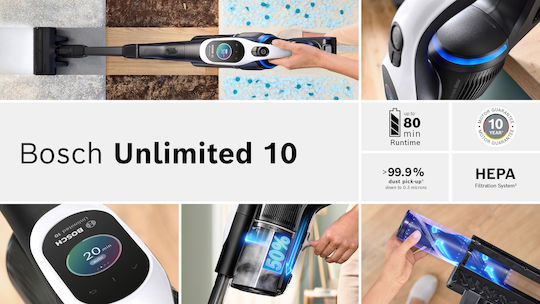 Bosch Unlimited 10 Επαναφορτιζόμενη Σκούπα 2 σε 1 Stick & Χειρός 18V Λευκή