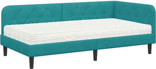 Canapea Pat Single Tapitată cu Catifea Turcoaz cu Plăci și Saltea 90x190cm