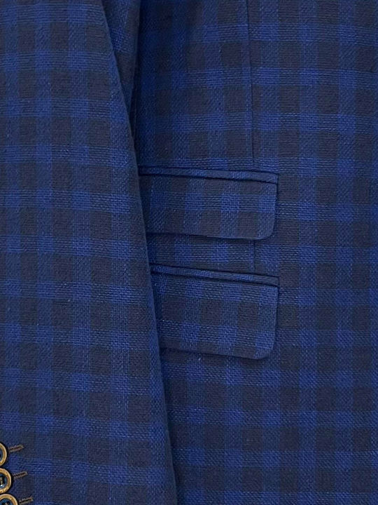 Ανδρικό Σακάκι με Στενή Εφαρμογή Plaid Blue