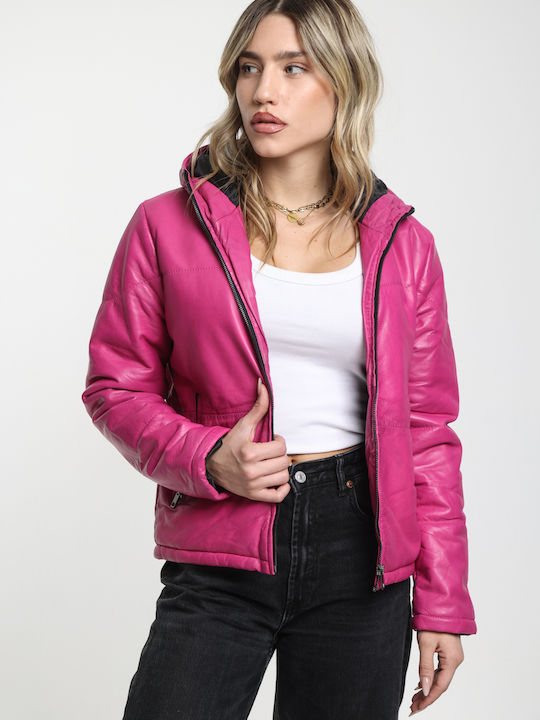 Women's Lifestyle Leather Jacket for Winter with Hood Black