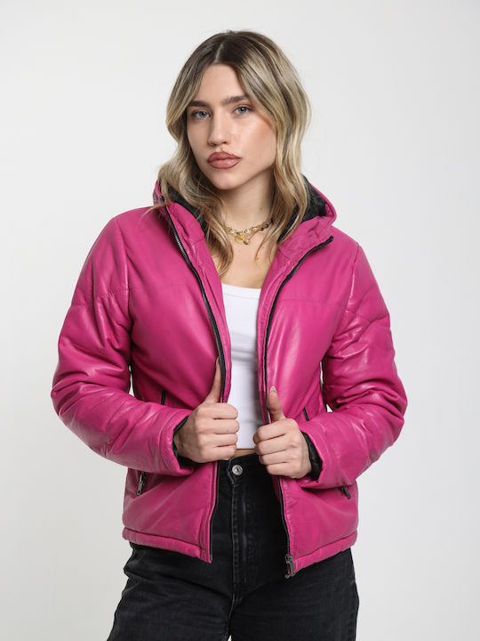 Women's Lifestyle Leather Jacket for Winter with Hood Black