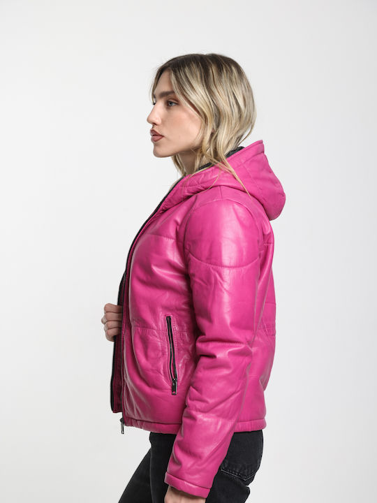 Women's Lifestyle Leather Jacket for Winter with Hood Black
