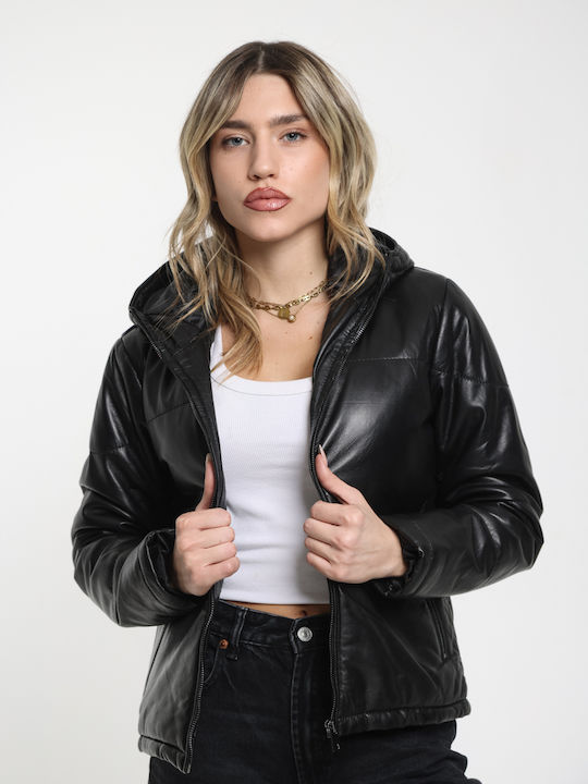 Women's Lifestyle Leather Jacket for Winter with Hood Black