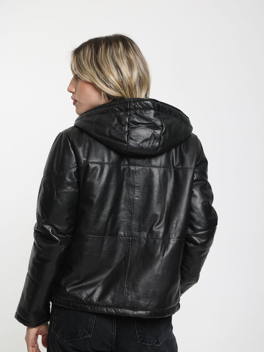 Women's Lifestyle Leather Jacket for Winter with Hood Black