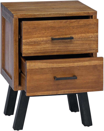 Wooden Bedside Table with Metal Legs Solid Wood Teak 40x35x55cm
