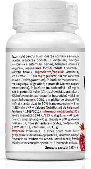 Zenyth Vitamina C pentru Întărirea Sistemului Imunitar, Pielea & Acțiune Antioxidantă 1000mg Rodie 30 capace