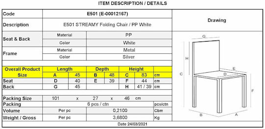 Scaun de catering Metalic Streamy Alb 6buc 45x48x83cm