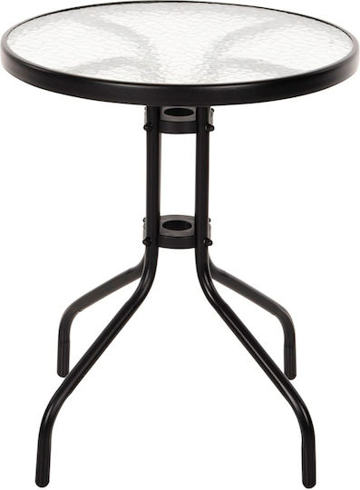 Outdoor Dinner Free Standing Table with Glass Surface and Metal Frame Black 60x60x72cm