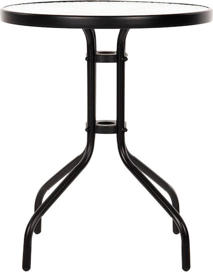 Outdoor Dinner Free Standing Table with Glass Surface and Metal Frame Black 60x60x72cm