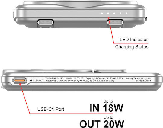 Verbatim Charge'n'Go 2C MagSafe Power Bank 5000mAh Silver