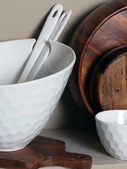 Espiel Honeycomped Porcelain Salad Bowl with Salad Spoons White 20x20x17cm