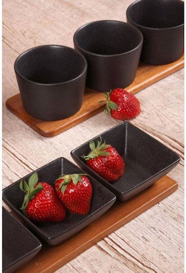 Cryspo Trio Acacia Platou pentru aperitive 3 Locuri cu Suport din Porțelan Neagră L10.5xl39.5cm 1buc