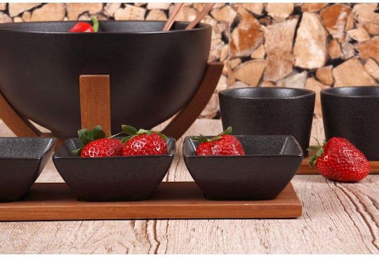 Cryspo Trio Acacia Platou pentru aperitive 3 Locuri cu Suport din Porțelan Neagră L10.5xl39.5cm 1buc