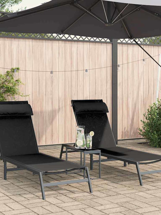Deckchair Metallic with Cushion Black with Table 197x54x26cm.