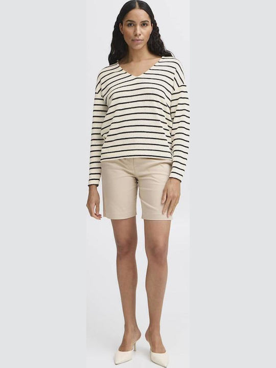 Damen Langarm Pullover mit V-Ausschnitt Gestreift Ecru