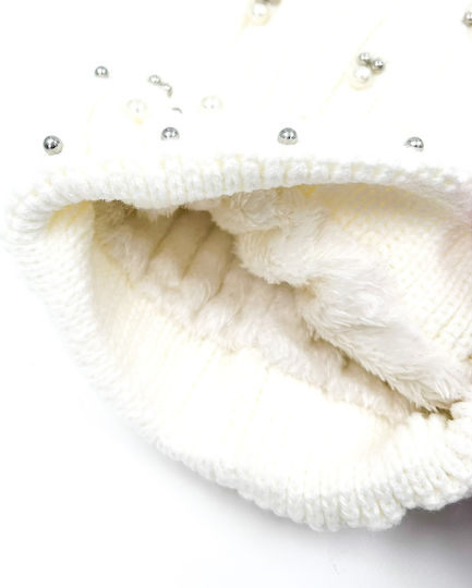 Pom Pom Beanie Women's Fleece Knitted Beanie in White Color