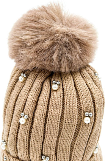 Pom Pom Beanie Women's Fleece Knitted Beanie in Beige Color