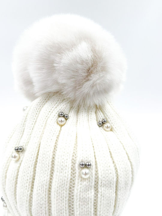 Pom Pom Beanie Damen Fleece Strickmütze in Weiß
