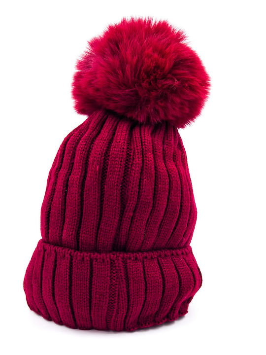 Pom Pom Beanie Damen Fleece Strickmütze in Roter Farbe